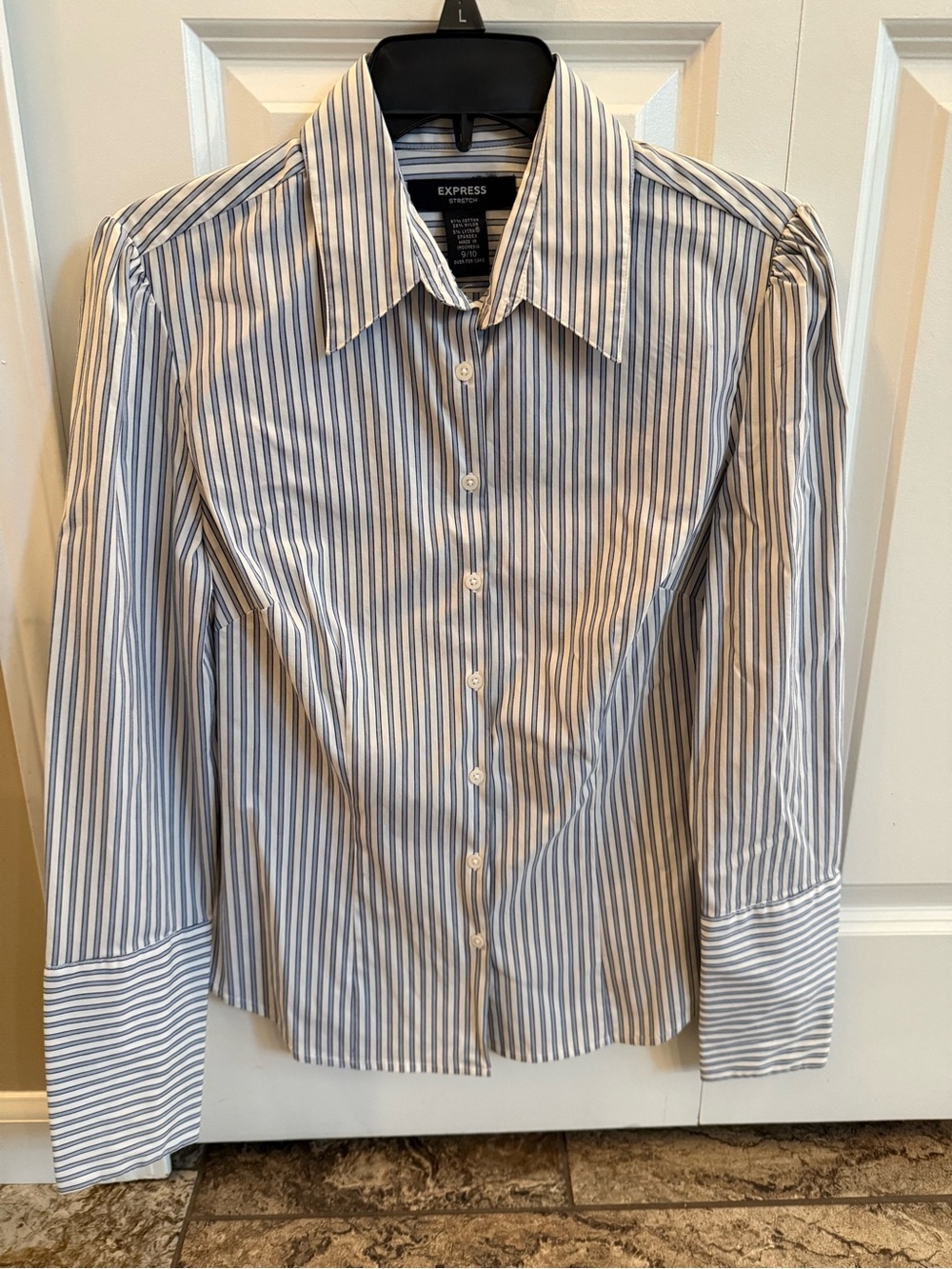 Express Women's Blue and White Striped Button-Up Shirt
